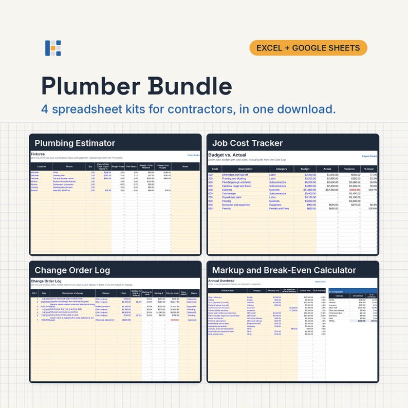 May include: A digital Plumber Bundle featuring four spreadsheet kits for contractors compatible with Excel and Google Sheets. The image displays a Plumbing Estimator, Job Cost Tracker, Change Order Log, and a Markup and Break-Even Calculator.