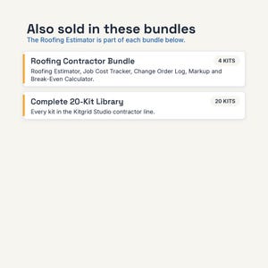 Puede incluir: Un gr&aacute;fico de informaci&oacute;n digital titulado Also sold in these bundles, que enumera el Roofing Contractor Bundle con 4 kits y la Complete 20-Kit Library. Detalla el Roofing Estimator, Job Cost Tracker, Change Order Log y Markup and Break-Even Calculator.