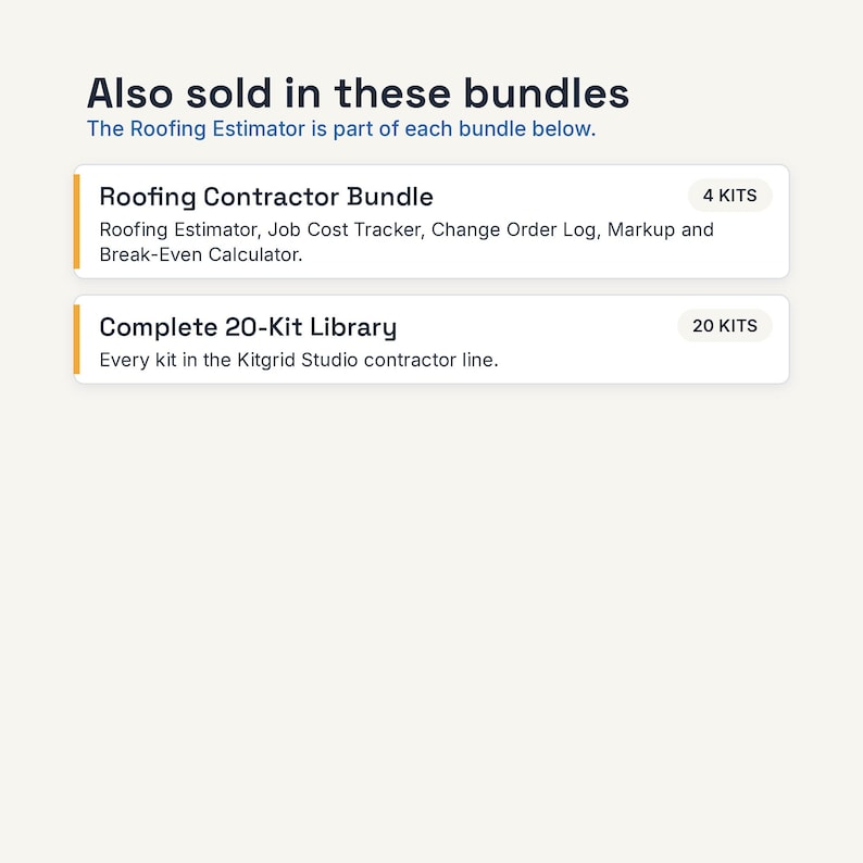 Puede incluir: Un gr&aacute;fico de informaci&oacute;n digital titulado Also sold in these bundles, que enumera el Roofing Contractor Bundle con 4 kits y la Complete 20-Kit Library. Detalla el Roofing Estimator, Job Cost Tracker, Change Order Log y Markup and Break-Even Calculator.