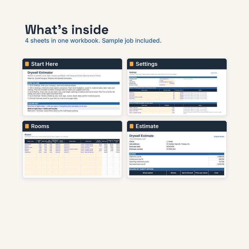 May include: A digital workbook titled What's inside with 4 sheets including Start Here, Settings, Rooms, and Estimate. The document is a Drywall Estimator featuring tables, columns, and rows for project data, calculations, and job details.