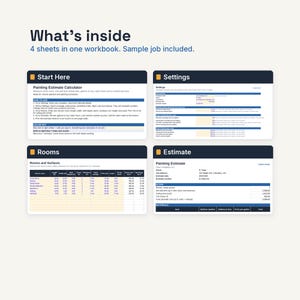 Puede incluir: Un libro de trabajo digital con cuatro hojas para una calculadora de presupuestos de pintura. El dise&ntilde;o incluye secciones tituladas Start Here, Settings, Rooms y Estimate, con tablas que muestran columnas para dimensiones de habitaciones, &aacute;reas de superficie y c&aacute;lculos de costos.