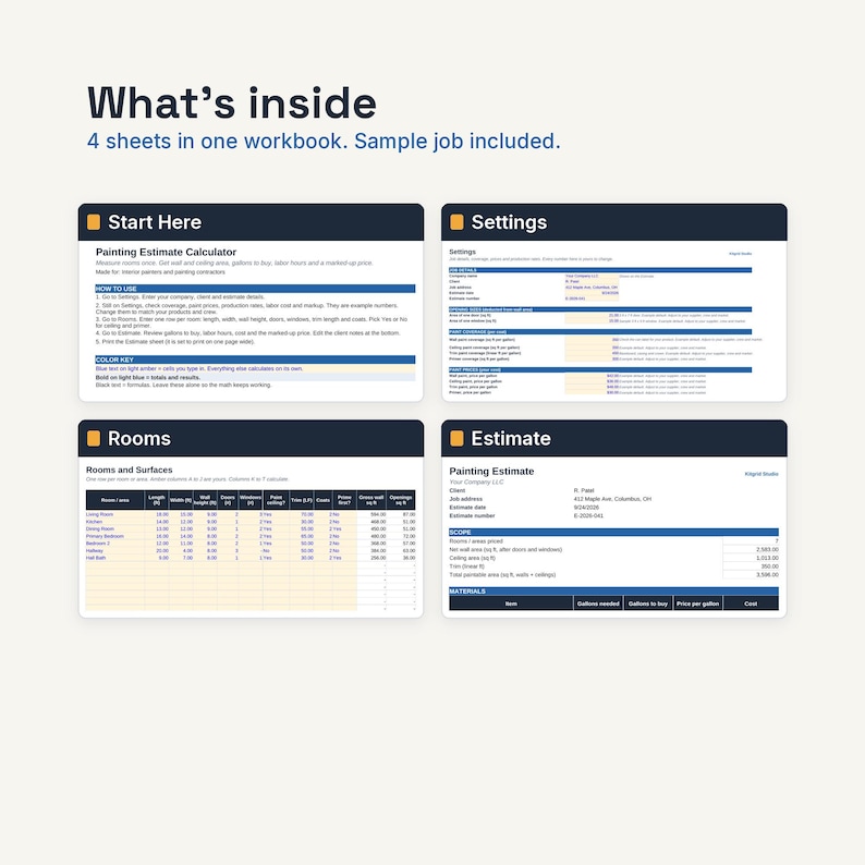 Puede incluir: Un libro de trabajo digital con cuatro hojas para una calculadora de presupuestos de pintura. El dise&ntilde;o incluye secciones tituladas Start Here, Settings, Rooms y Estimate, con tablas que muestran columnas para dimensiones de habitaciones, &aacute;reas de superficie y c&aacute;lculos de costos.
