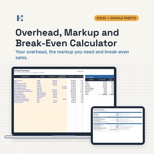 May include: A digital spreadsheet template titled Overhead, Markup and Break-Even Calculator for Excel and Google Sheets. The display shows an annual overhead table with columns for item, category, monthly cost, and annual total in a grid layout.