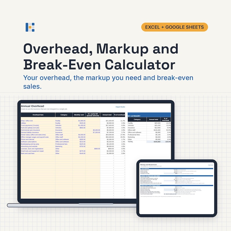 May include: A digital spreadsheet template titled Overhead, Markup and Break-Even Calculator for Excel and Google Sheets. The display shows an annual overhead table with columns for item, category, monthly cost, and annual total in a grid layout.