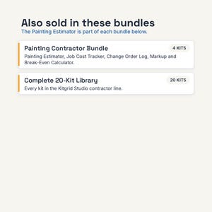 Puede incluir: Un gr&aacute;fico digital que muestra el texto Also sold in these bundles. The Painting Estimator is part of each bundle below. Dos cajas rectangulares blancas enumeran el Painting Contractor Bundle con 4 kits y la Complete 20-Kit Library.