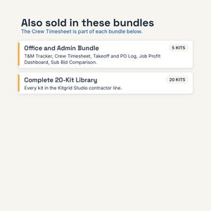 May include: A digital information graphic titled Also sold in these bundles, stating The Crew Timesheet is part of each bundle below. It lists an Office and Admin Bundle with 5 kits and a Complete 20-Kit Library with 20 kits from Kitgrid Studio.