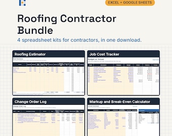 Roofing Contractor Bundle, Excel and Google Sheets: Roofing Estimate, Job Cost Tracker, Change Orders, Markup