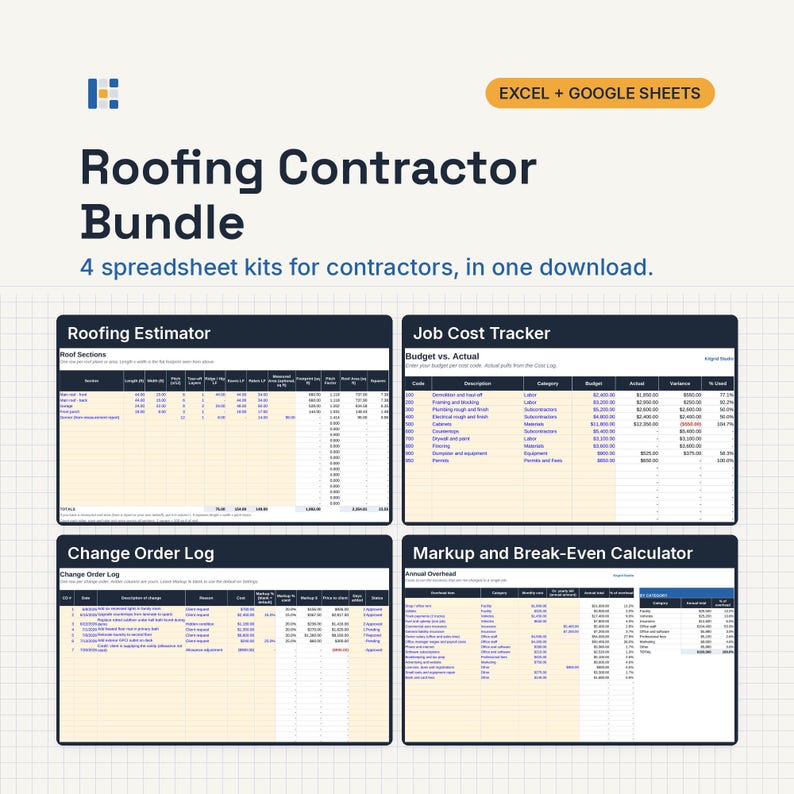 May include: A digital Roofing Contractor Bundle containing four spreadsheet kits for Excel and Google Sheets. The image displays previews of a Roofing Estimator, Job Cost Tracker, Change Order Log, and a Markup and Break-Even Calculator for contractors.