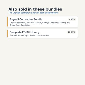 May include: A digital information graphic titled Also sold in these bundles. It lists the Drywall Contractor Bundle with 4 kits including Drywall Estimator, Job Cost Tracker, Change Order Log, and Markup and Break-Even Calculator, plus a Complete 20-Kit Library.