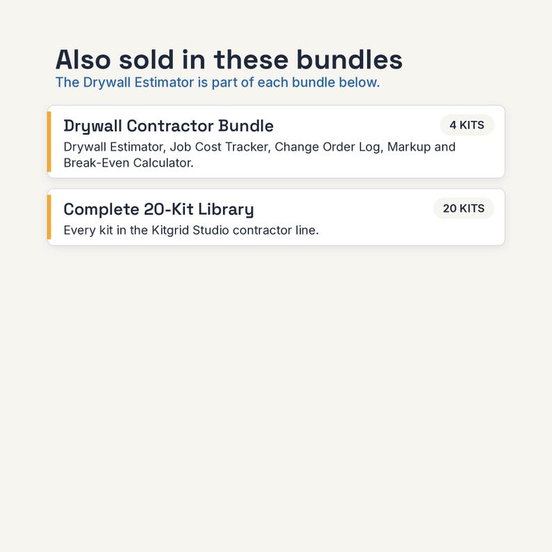 May include: A digital information graphic titled Also sold in these bundles. It lists the Drywall Contractor Bundle with 4 kits including Drywall Estimator, Job Cost Tracker, Change Order Log, and Markup and Break-Even Calculator, plus a Complete 20-Kit Library.