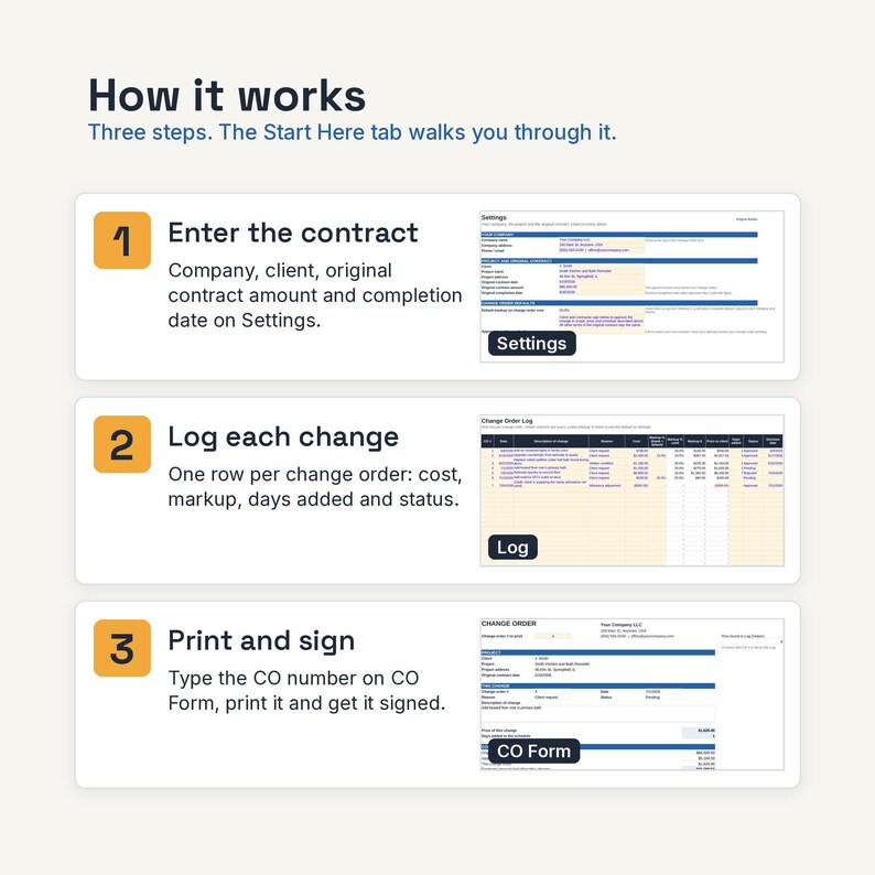 May include: An instructional graphic titled How it works with three steps. Step 1: Enter the contract on Settings. Step 2: Log each change on the Log. Step 3: Print and sign the CO Form. Each step includes a corresponding screenshot of the software interface.