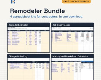 Remodeler Bundle, Excel and Google Sheets: Remodel Estimate, Job Cost Tracker, Change Orders, Markup
