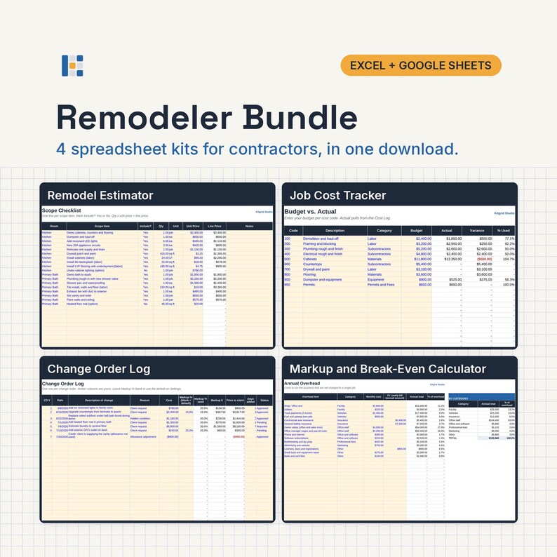 May include: A digital bundle for Excel and Google Sheets titled Remodeler Bundle, featuring four spreadsheet kits for contractors: Remodel Estimator, Job Cost Tracker, Change Order Log, and Markup and Break-Even Calculator with data tables.
