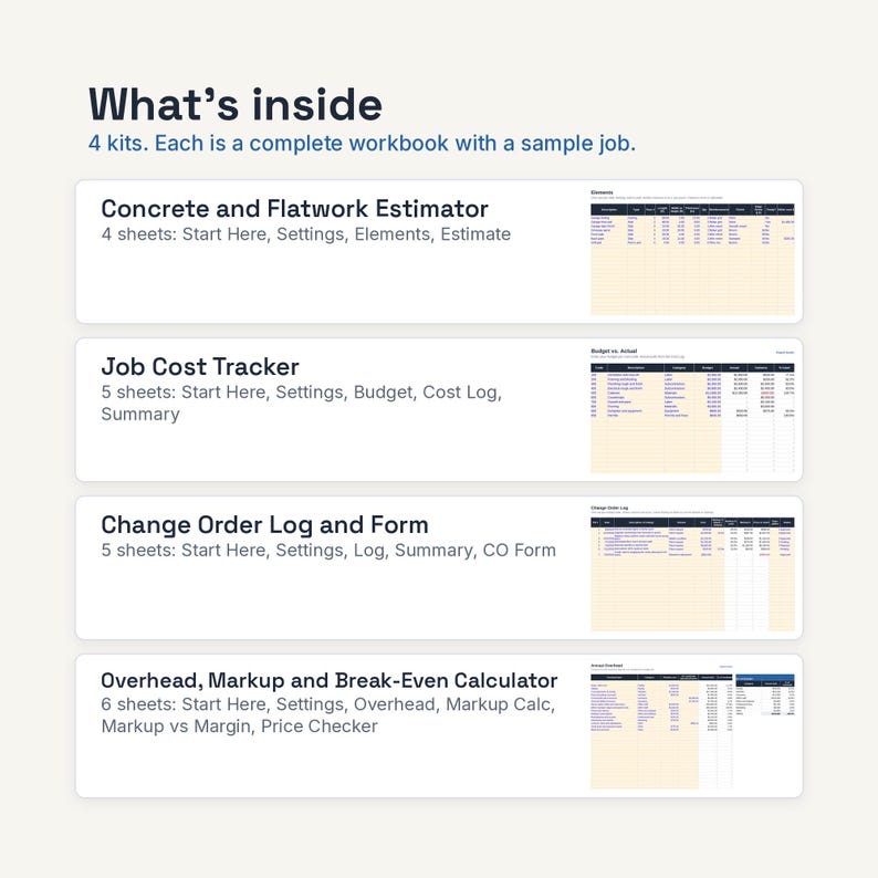 May include: A digital product display titled What's inside, featuring 4 kits: Concrete and Flatwork Estimator, Job Cost Tracker, Change Order Log and Form, and Overhead, Markup and Break-Even Calculator. Each kit includes a workbook with sample job data.