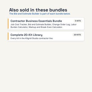 May include: A digital information graphic titled Also sold in these bundles, listing the Contractor Business Essentials Bundle with 5 kits and the Complete 20-Kit Library with 20 kits, detailing specific tools like the Bid and Estimate Builder.