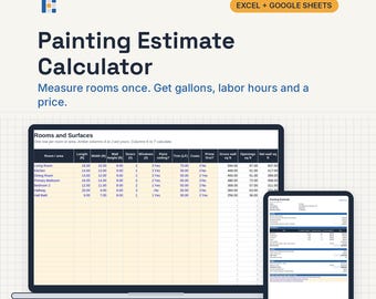 Painting Estimate Calculator, Excel and Google Sheets: Gallons, Labor Hours, Price per Sq Ft