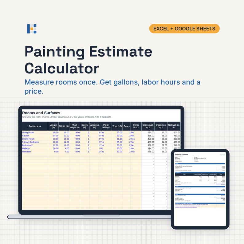 Puede incluir: Una plantilla digital de calculadora de estimaci&oacute;n de pintura para Excel y Google Sheets mostrada en una pantalla de port&aacute;til y tableta. La interfaz muestra una hoja de c&aacute;lculo con columnas para las dimensiones de las habitaciones y pintura.