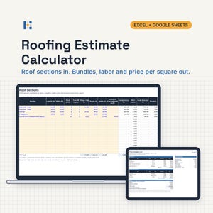 Puede incluir: Una plantilla digital de calculadora de estimaci&oacute;n de techos para Excel y Google Sheets mostrada en una pantalla de computadora port&aacute;til y tableta. La interfaz muestra columnas para secciones de techo, dimensiones y c&aacute;lculos.