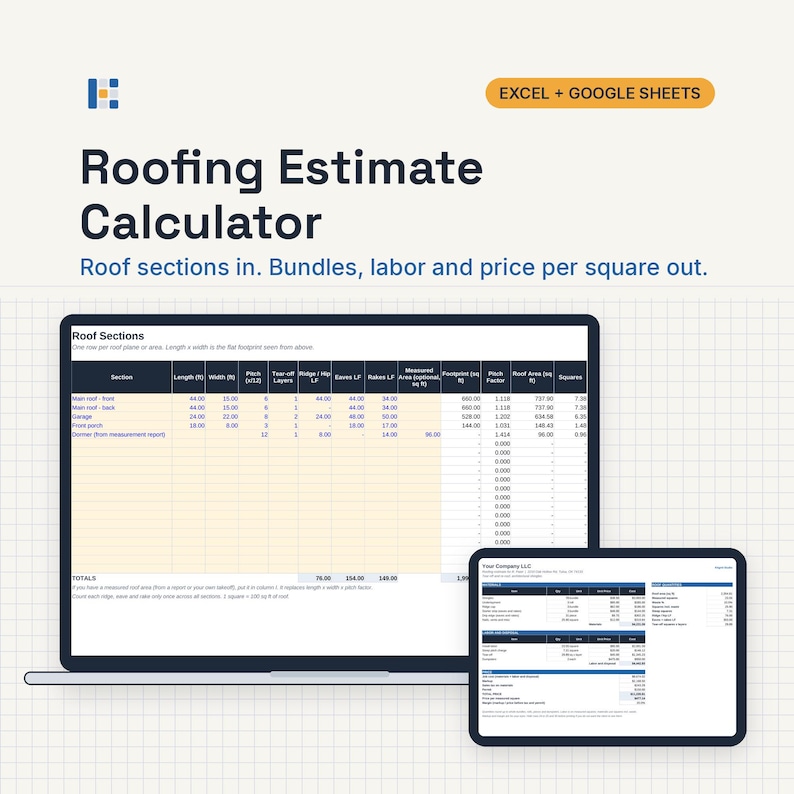 Puede incluir: Una plantilla digital de calculadora de estimaci&oacute;n de techos para Excel y Google Sheets mostrada en una pantalla de computadora port&aacute;til y tableta. La interfaz muestra columnas para secciones de techo, dimensiones y c&aacute;lculos.