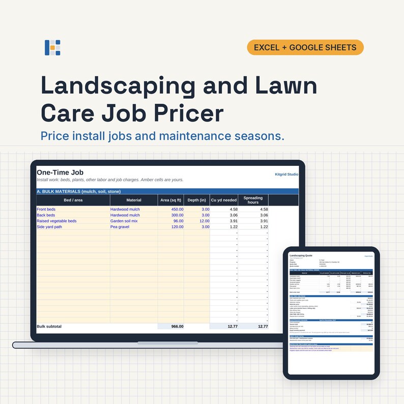 May include: A digital spreadsheet template for landscaping and lawn care job pricing, compatible with Excel and Google Sheets. The display shows a One-Time Job table with columns for bed area, material, square footage, depth in inches, and cubic yards.