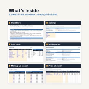 May include: A digital workbook containing six spreadsheet sheets titled Start Here, Settings, Overhead, Markup Calc, Markup vs Margin, and Price Checker. The document features tables with blue headers and light amber cells for financial calculations.