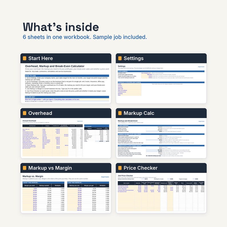 May include: A digital workbook containing six spreadsheet sheets titled Start Here, Settings, Overhead, Markup Calc, Markup vs Margin, and Price Checker. The document features tables with blue headers and light amber cells for financial calculations.