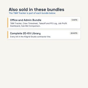 May include: A digital graphic displaying the text Also sold in these bundles and The T&M Tracker is part of each bundle below. It lists the Office and Admin Bundle with 5 KITS and the Complete 20-Kit Library with 20 KITS for the Kitgrid Studio line.