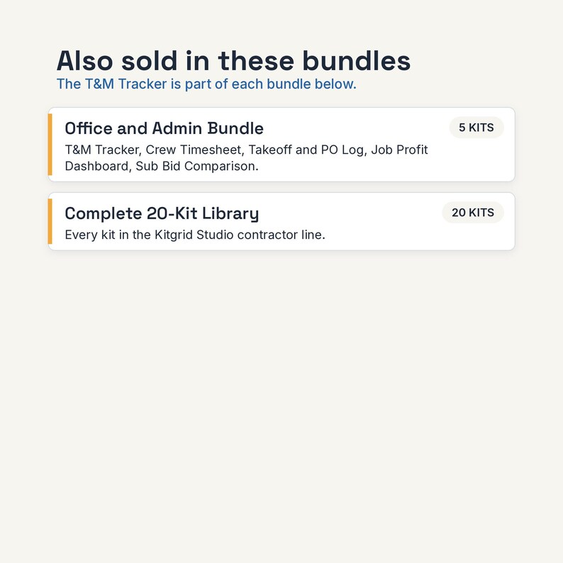 May include: A digital graphic displaying the text Also sold in these bundles and The T&M Tracker is part of each bundle below. It lists the Office and Admin Bundle with 5 KITS and the Complete 20-Kit Library with 20 KITS for the Kitgrid Studio line.