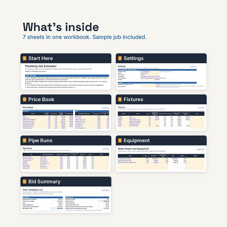 May include: A digital workbook containing seven sheets for a plumbing job estimator. The layout includes sections titled Start Here, Settings, Price Book, Fixtures, Pipe Runs, Equipment, and Bid Summary, featuring tables for cost, labor, and material tracking.