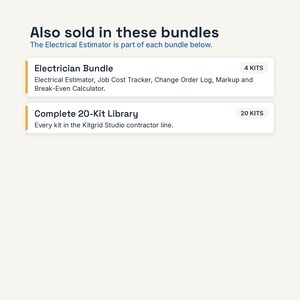May include: A digital information graphic titled Also sold in these bundles. It lists an Electrician Bundle with 4 kits including Electrical Estimator, Job Cost Tracker, Change Order Log, and Markup and Break-Even Calculator, plus a Complete 20-Kit Library.