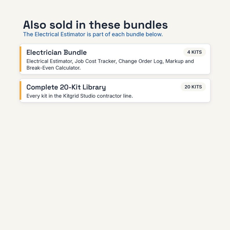 May include: A digital information graphic titled Also sold in these bundles. It lists an Electrician Bundle with 4 kits including Electrical Estimator, Job Cost Tracker, Change Order Log, and Markup and Break-Even Calculator, plus a Complete 20-Kit Library.