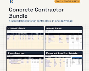 Concrete Contractor Bundle, Excel and Google Sheets: Concrete Estimate, Job Cost Tracker, Change Orders, Markup