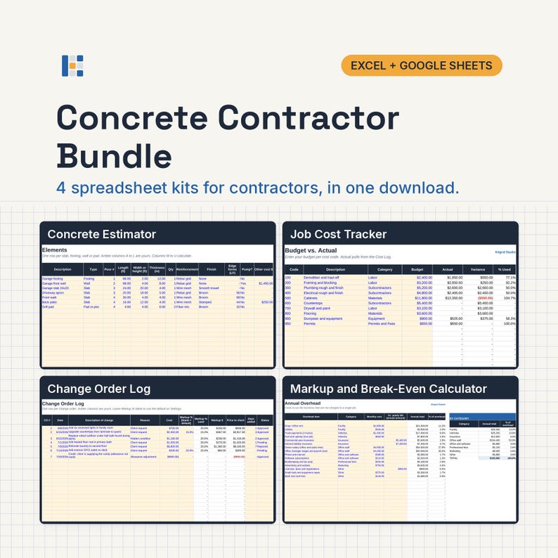 May include: A digital bundle for Excel and Google Sheets titled Concrete Contractor Bundle, featuring four spreadsheet kits: Concrete Estimator, Job Cost Tracker, Change Order Log, and Markup and Break-Even Calculator, designed for construction project management.