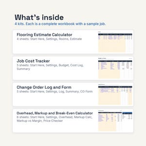 May include: A digital workbook set containing four kits: Flooring Estimate Calculator with four sheets, Job Cost Tracker with five sheets, Change Order Log and Form with five sheets, and Overhead, Markup and Break-Even Calculator with six sheets.