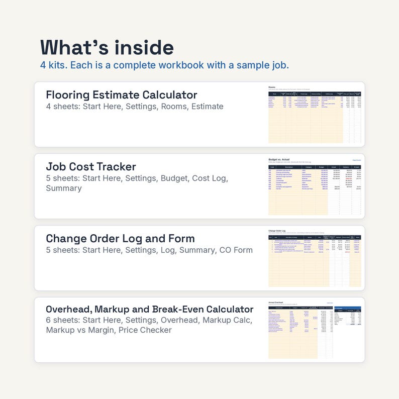 May include: A digital workbook set containing four kits: Flooring Estimate Calculator with four sheets, Job Cost Tracker with five sheets, Change Order Log and Form with five sheets, and Overhead, Markup and Break-Even Calculator with six sheets.