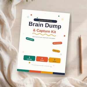 May include: A white Brain Dump & Capture Kit paper sheet with colorful dots, featuring the text Designed for ADHD Minds, Brain Dump & Capture Kit, Get it out of your head and onto paper, No Filtering, Zero Pressure, Dump It All, 1 Capture, 2 Triage, 3 Sweep.