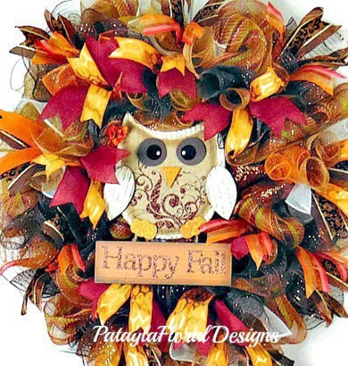 Fall Wreath Owl Wreath Deco Mesh Door Wreath Happy Fall Etsy