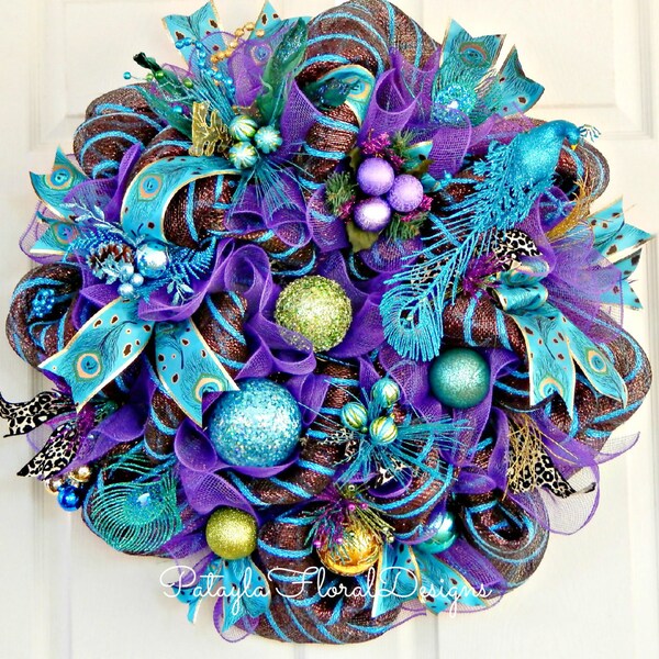 Christmas Wreath, Peacock Wreath, Purple Blue Green Wreath, Peacock Bird, Holiday Wreath, Christmas Decor, Deco Mesh Wreath, Door Wreath