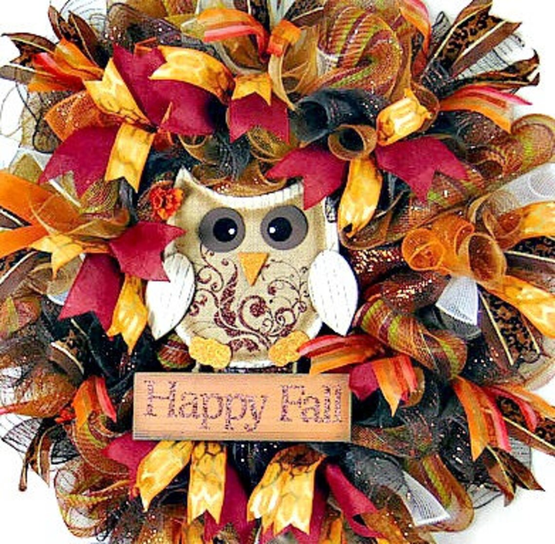 Fall Wreath Owl Wreath Deco Mesh Door Wreath Happy Fall Etsy