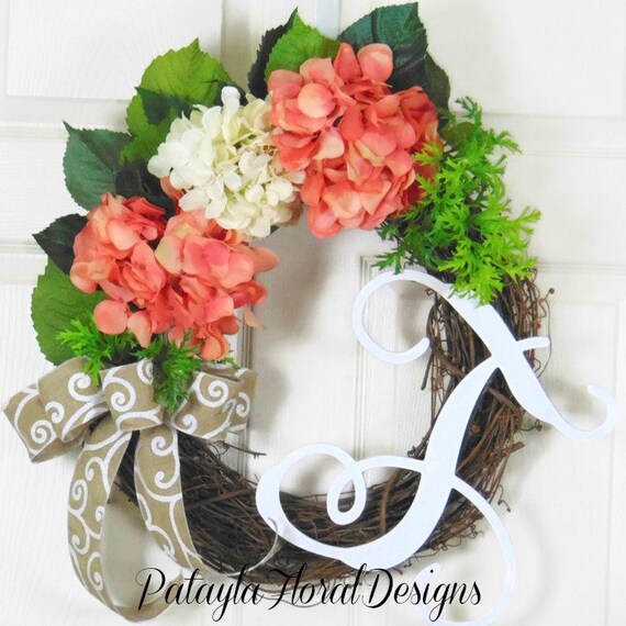 Summer Monogram Letter Door Wreath Wedding Gift Hydrangea Wreath Monogram Wreaths For Front Door Summer Door Wreaths