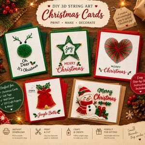 May include: A collection of five DIY 3D string art Christmas cards featuring designs of a reindeer, a star, a heart, a bell, and a snowman. The cards include text such as Oh Deer It's Christmas, Joy, Merry Christmas, and Jingle Bells.