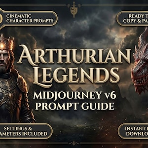 Puede incluir: Una guía digital titulada Arthurian Legends Midjourney v6 Prompt Guide que muestra a un rey con armadura oscura y un dragón de ojos rojos. El texto incluye 10 Cinematic Character Prompts, Ready to Copy & Paste, Settings & Parameters Included e Instant PDF Download.