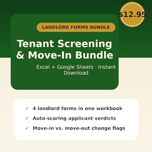 Puede incluir: Un paquete digital de formularios para propietarios con el texto Landlord Forms Bundle, Tenant Screening & Move-In Bundle, Excel + Google Sheets, y una lista de características que incluye 4 formularios en un libro y veredictos automáticos.