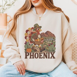 Phoenix thanksgiving sweatshirt, Camelback Mountain turkey hike, printed quilted appliqué illustration, Guildan