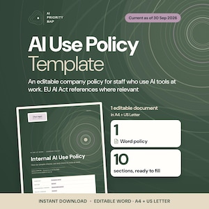 AI Use Policy Template | Editable Word Acceptable Use Policy for Employees | Generative AI at Work | Small Business HR Policy