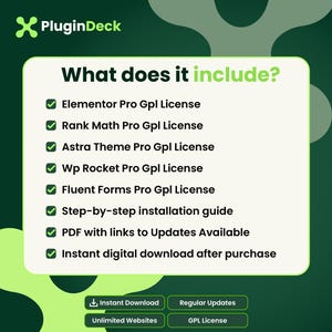 May include: A digital information graphic with a dark green background and a white central panel titled What does it include? listing Elementor Pro, Rank Math Pro, Astra Theme Pro, Wp Rocket Pro, Fluent Forms Pro, installation guide, and updates.
