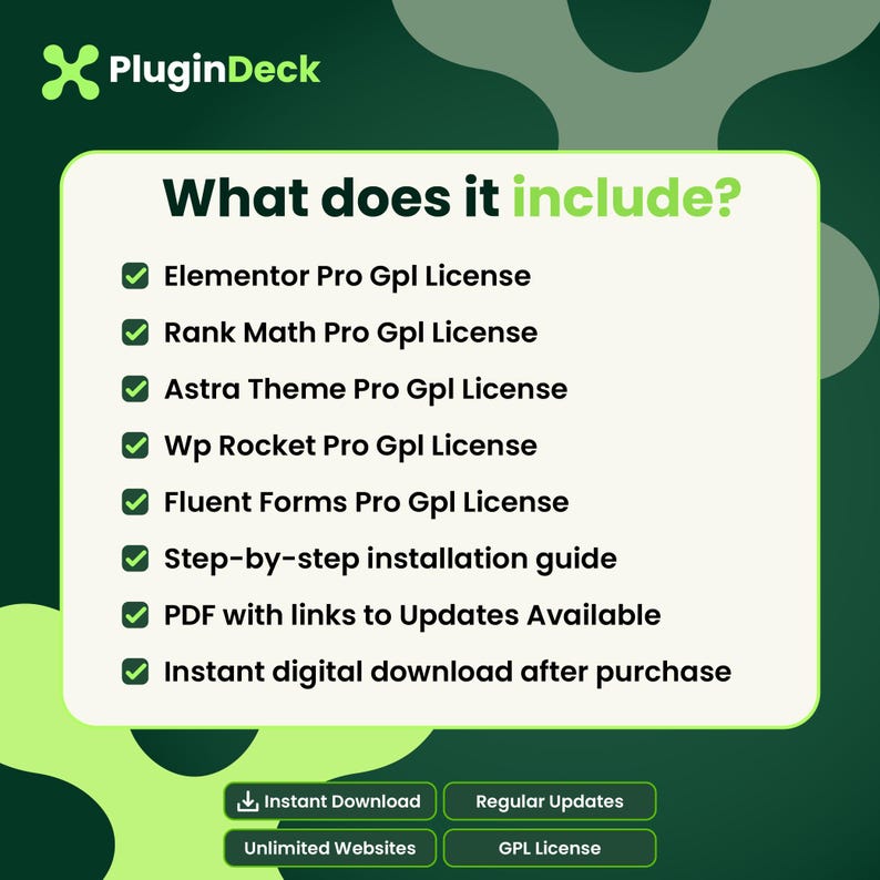 May include: A digital information graphic with a dark green background and a white central panel titled What does it include? listing Elementor Pro, Rank Math Pro, Astra Theme Pro, Wp Rocket Pro, Fluent Forms Pro, installation guide, and updates.