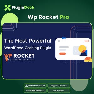 May include: A digital graphic for Wp Rocket Pro, a WordPress caching plugin. The dark blue rectangular design features the text 'The Most Powerful WordPress Caching Plugin' and 'WP ROCKET Superior WordPress Performance' alongside a website interface icon.