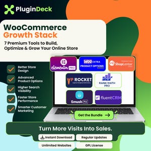 May include: A digital graphic for the PluginDeck WooCommerce Growth Stack featuring a laptop displaying seven software logos including Elementor Pro, WP Rocket, and Rank Math Pro. The text reads 7 Premium Tools to Build, Optimize & Grow Your Online Store and Turn More Visits Into Sales.