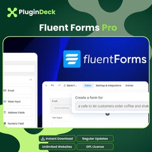 May include: A digital interface for Fluent Forms Pro software featuring a blue logo, a form editor window with tabs for Editor, Settings & Integrations, and Entries, and a text box displaying the prompt to create a form for a cafe coffee order.
